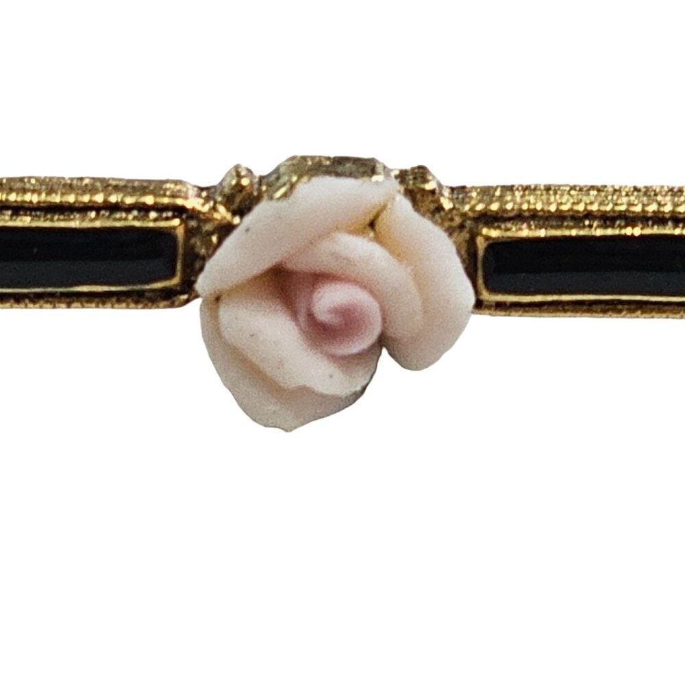 Vintage Ceramic Rose Bar Brooch Black Enamel Faux Pearl 2 inches